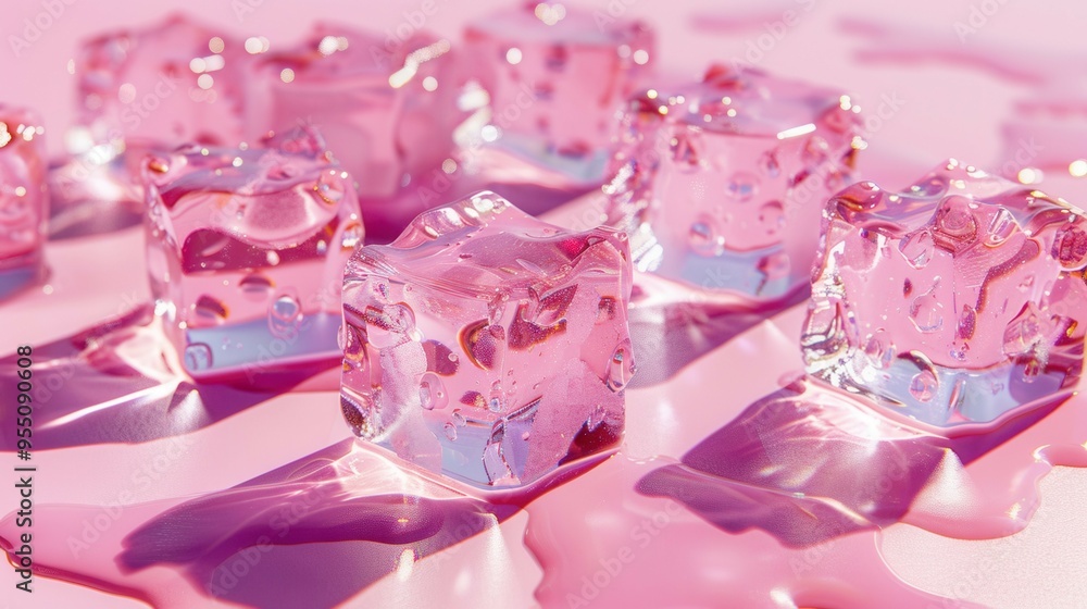 pastel pink background with ice cubes and water drops pastel pink background with ice cubes and water drops