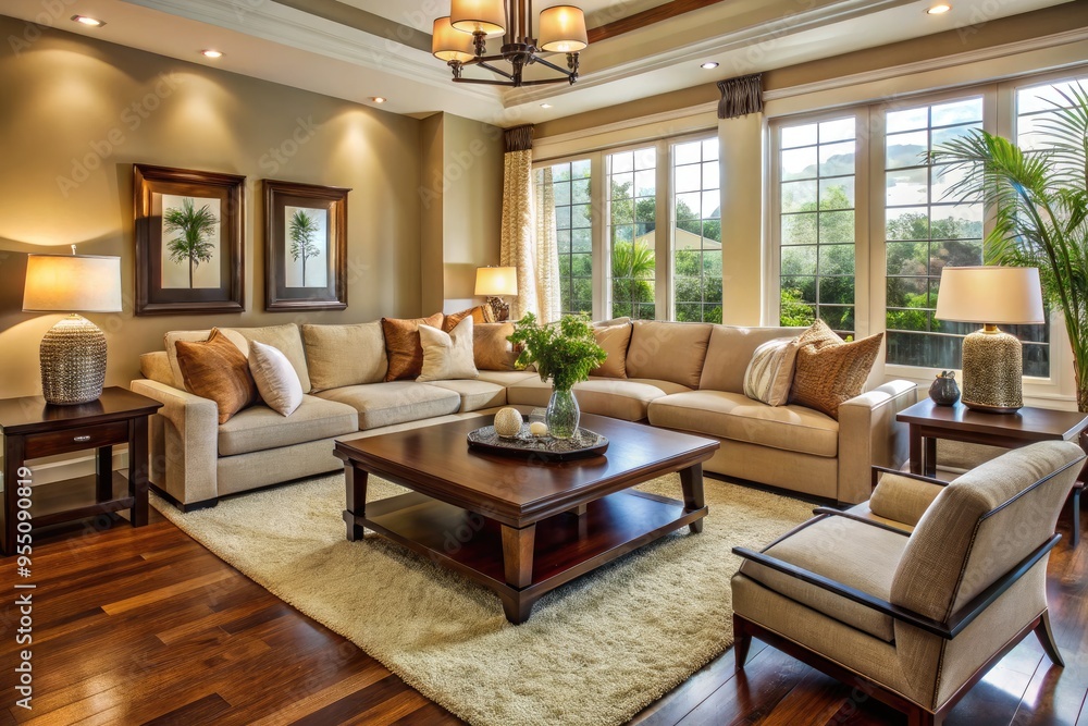 Elegant, transitional-style living room features a plush sectional sofa, sleek coffee table, and stylish accent chairs in a harmonious blend of neutrals and rich wood tones. Elegant, transitional-style living room features a plush sectional sofa, sleek coffee table, and stylish accent chairs in a harmonious blend of neutrals and rich wood tones.