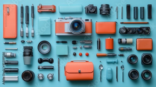 An array of professional photography gear and accessories meticulously organized on a vibrant blue backdrop.