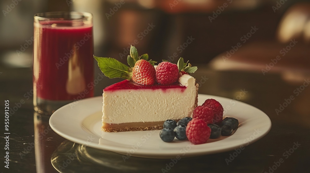 Close-up of a slice of cheesecake with fresh fruit, a glass of juice in the background. Close-up of a slice of cheesecake with fresh fruit, a glass of juice in the background.