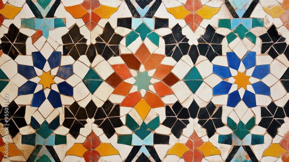Moroccan-inspired tile pattern with intricate geometric designs and bold colors, creating an exotic and vibrant look Moroccan-inspired tile pattern with intricate geometric designs and bold colors, creating an exotic and vibrant look
