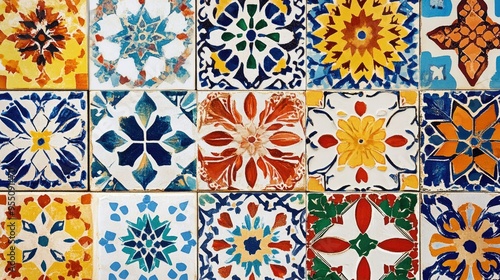 Moroccan-inspired tile pattern with intricate geometric designs and bold colors, creating an exotic and vibrant look