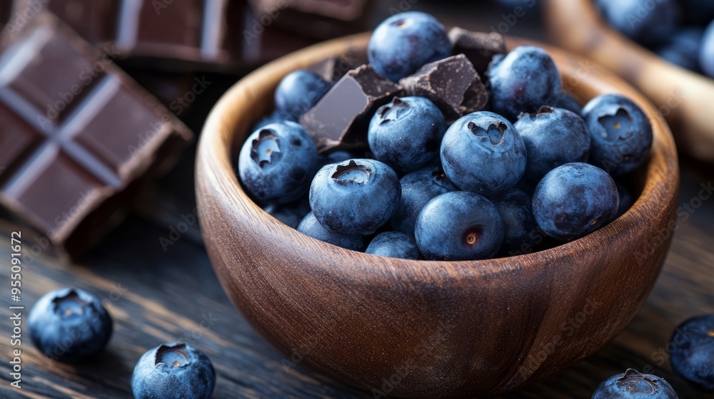 Close-up of blueberries in a wooden bowl with dark chocolate pieces. Close-up of blueberries in a wooden bowl with dark chocolate pieces.