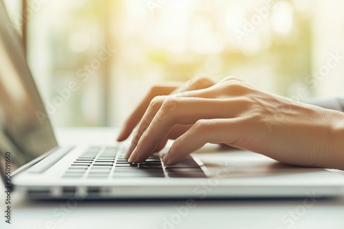 Hands of woman typing on laptop keyboard from home office on laptop computer