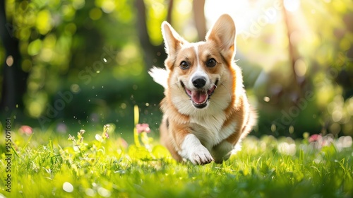 Happy Corgi Running in Green Field