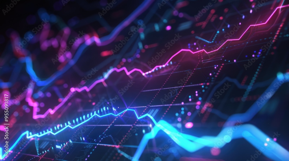 Abstract futuristic data visualization using neon graphs and diagrams on a dark background. The concept of analytics and technologies. Abstract futuristic data visualization using neon graphs and diagrams on a dark background. The concept of analytics and technologies.