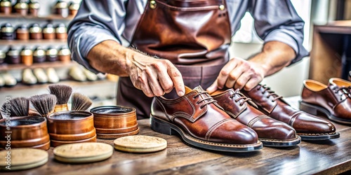  Crafting Elegance: Shoe Polishing in Action. A skilled cobbler meticulously polishes a pair of classic brown leather brogue shoes, using a variety of brushes and tools in his workshop. photo