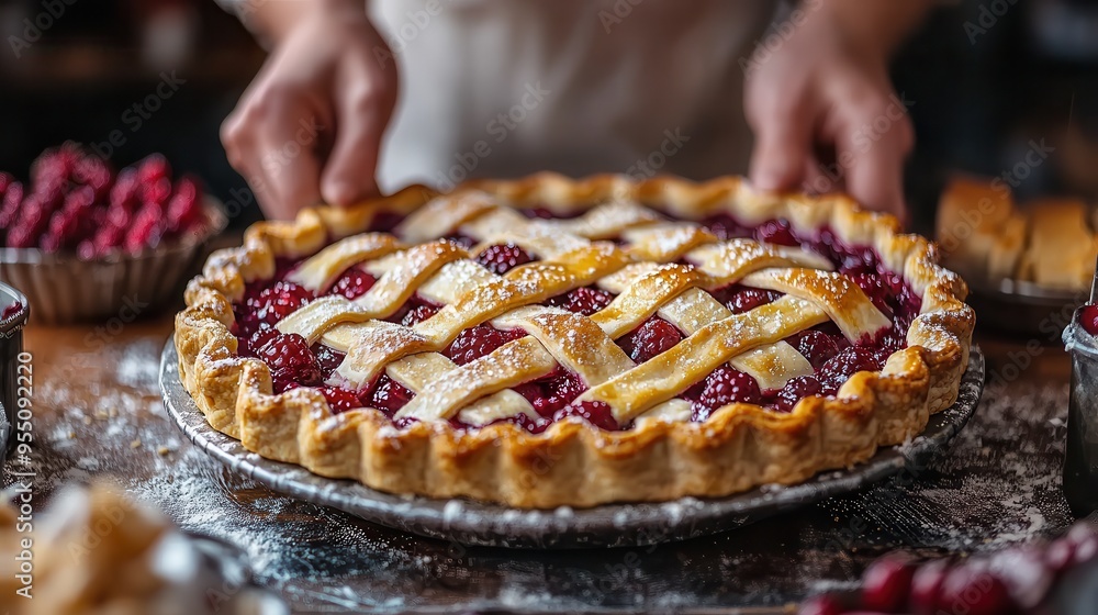 Artisanal Pie Baking: Person Creating Homemade Berry Pie with Intricate Lattice Crust