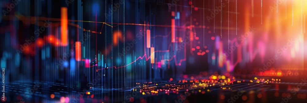 Abstract futuristic data visualization using neon graphs and diagrams on a dark background. The concept of analytics and technologies. Abstract futuristic data visualization using neon graphs and diagrams on a dark background. The concept of analytics and technologies.