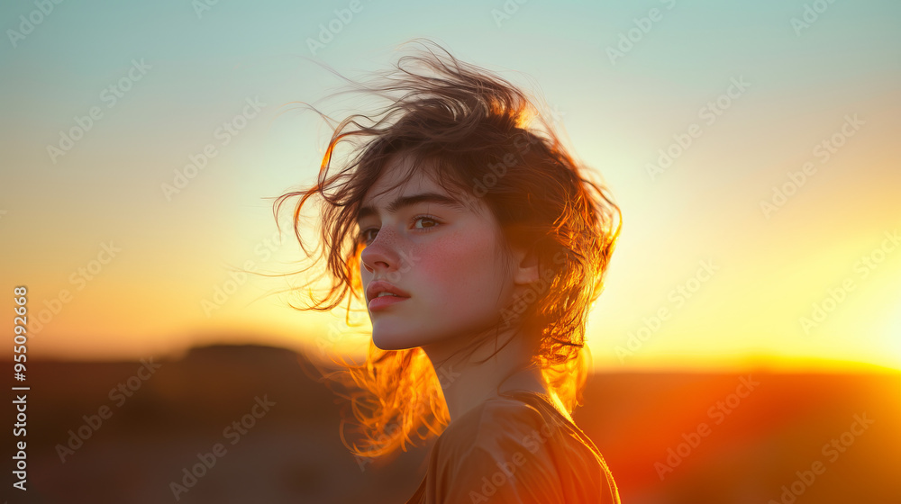 A girl on the background of a bright sunset with flowing hair. The light of the last rays of the sun creates a golden aura around her face, emphasizing her natural beauty and mystery. A girl on the background of a bright sunset with flowing hair. The light of the last rays of the sun creates a golden aura around her face, emphasizing her natural beauty and mystery.