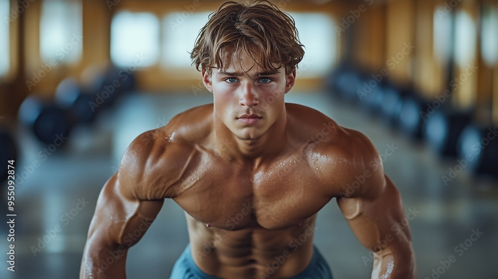 Portrait of a well-built athlete with well-defined muscles against the background of weightlifting equipment in a gym. Portrait of a well-built athlete with well-defined muscles against the background of weightlifting equipment in a gym.