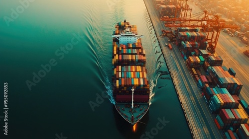 A container ship sailing into a busy port, with cranes and stacks of containers waiting on the docks. photo