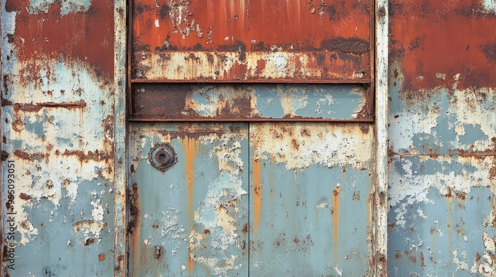 Rusty, abandoned warehouse with peeling paint and corroded metal structures, ideal for industrial backgrounds Rusty, abandoned warehouse with peeling paint and corroded metal structures, ideal for industrial backgrounds