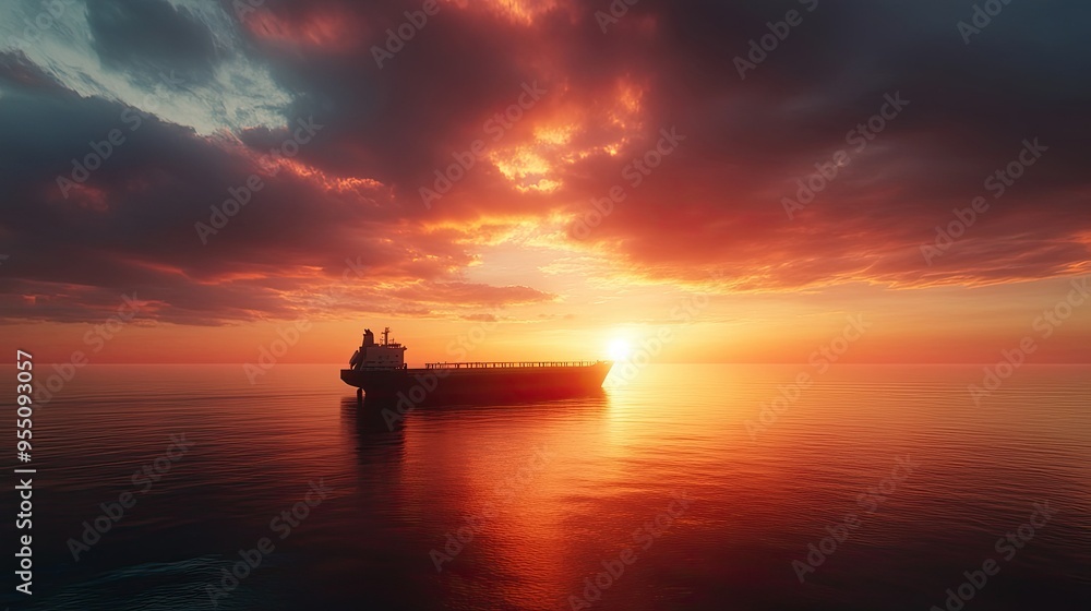 A lone cargo ship sailing on the horizon, with the sun setting behind it and casting a warm glow over the water. A lone cargo ship sailing on the horizon, with the sun setting behind it and casting a warm glow over the water.