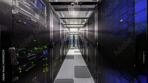 Network servers in a data center. Tier III carrier neutral data center. Server rooms.