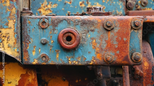 Rusty old farm equipment with corroded metal and peeling paint, creating a vintage and rustic feel