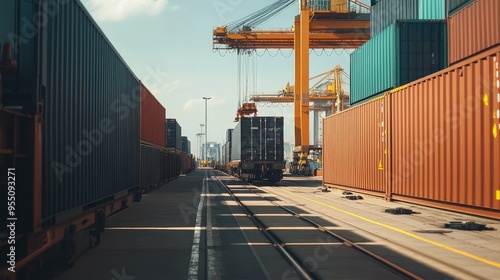 A shipping container being loaded onto a train at a port, ready for transport across the country.