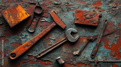 Rusty old tools with chipped surfaces and patina, perfect for a nostalgic and vintage background