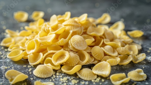 A pile of yellow pasta on a counter