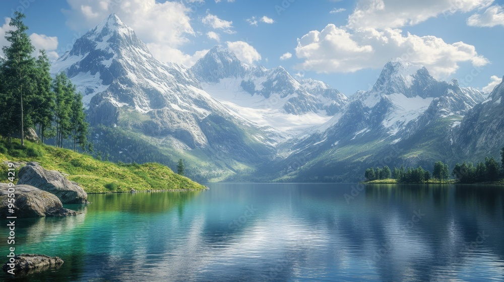 Serene mountain lake with crystal-clear water and surrounding snow-covered peaks, perfect for a breathtaking landscape Serene mountain lake with crystal-clear water and surrounding snow-covered peaks, perfect for a breathtaking landscape
