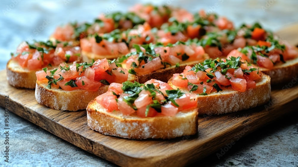 Freshly prepared bruschetta garnished with diced tomatoes and herbs invites enjoyment Freshly prepared bruschetta garnished with diced tomatoes and herbs invites enjoyment