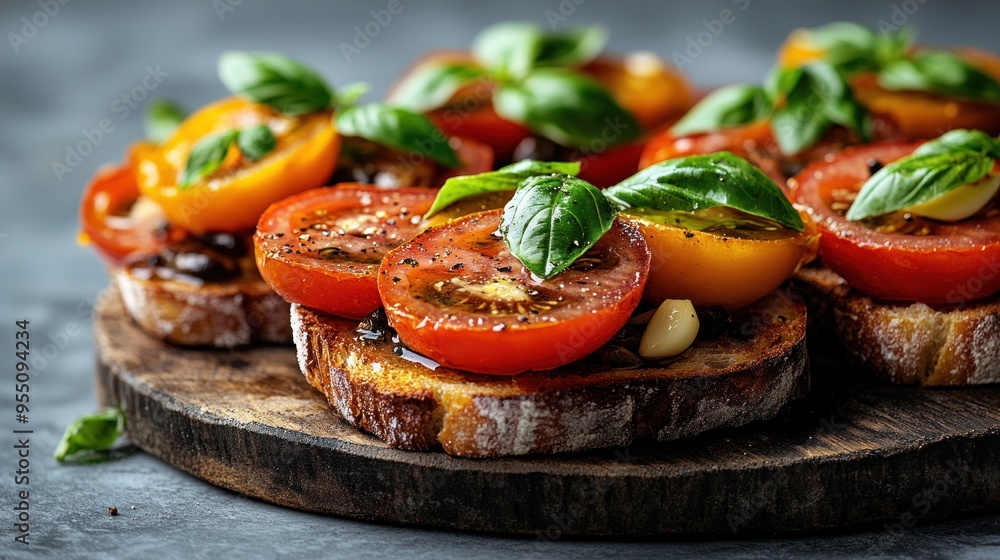 Vibrant slices of bruschetta adorned with juicy tomatoes and fragrant basil Vibrant slices of bruschetta adorned with juicy tomatoes and fragrant basil