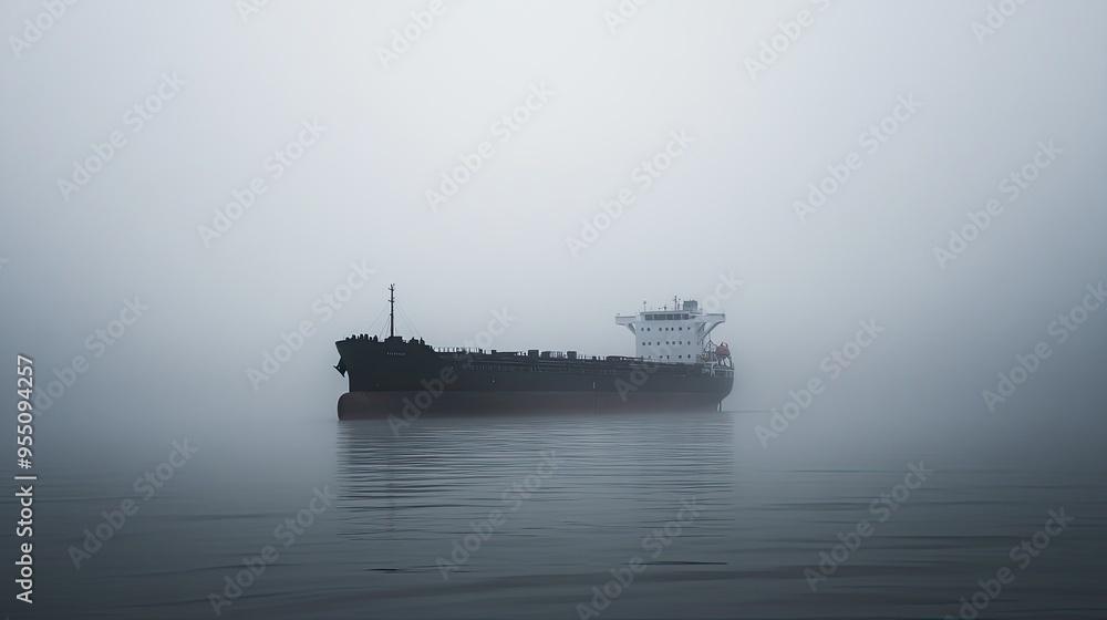 A cargo ship sailing through a misty morning, with its silhouette barely visible against the grey sky. A cargo ship sailing through a misty morning, with its silhouette barely visible against the grey sky.