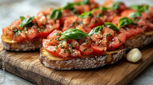 Bruschetta features ripe tomatoes and basil garnishing a toasted slice of bread