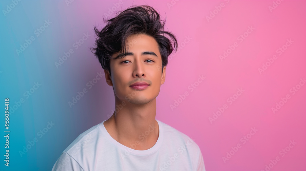 Close-up portrait of a young man with dark hair, set against a pink and blue gradient background, showcasing a soft and calm expression, emphasizing modern and minimalistic style. Close-up portrait of a young man with dark hair, set against a pink and blue gradient background, showcasing a soft and calm expression, emphasizing modern and minimalistic style.