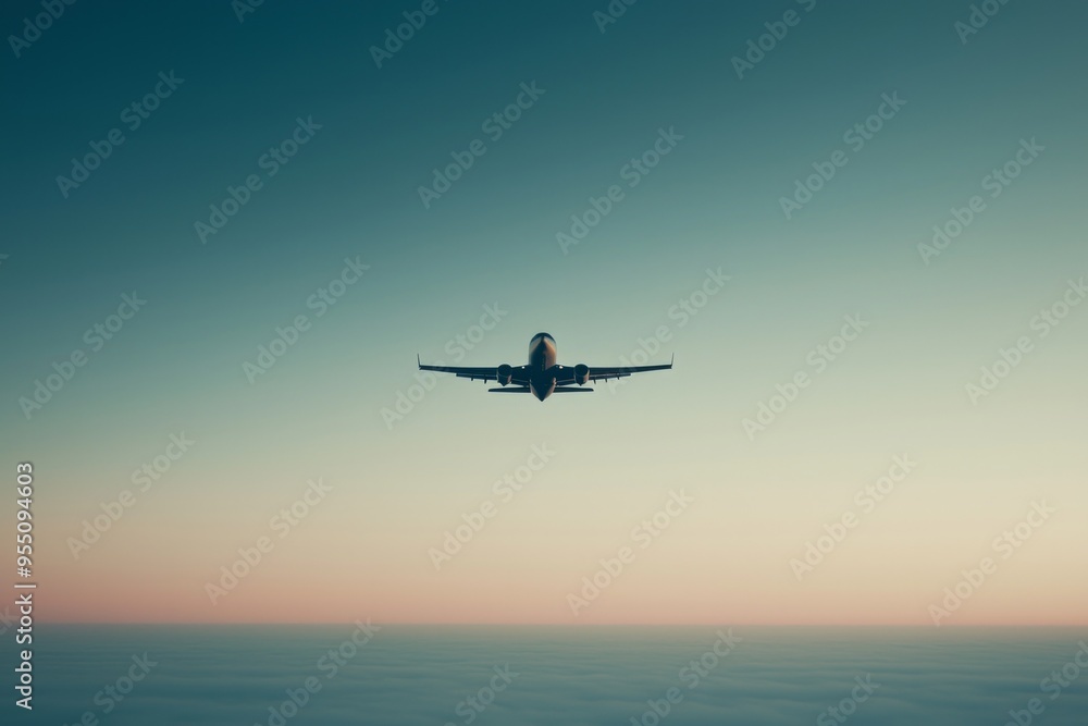 A tiny plane flying high above the horizon, with the vast sky around it stretching out in soft gradients. A tiny plane flying high above the horizon, with the vast sky around it stretching out in soft gradients.