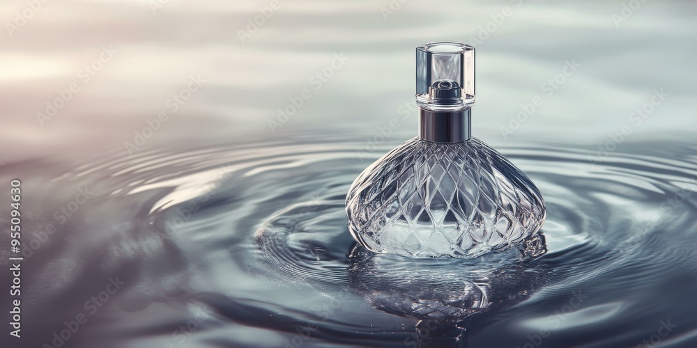 A glass perfume bottle floats on rippling water. A glass perfume bottle floats on rippling water.