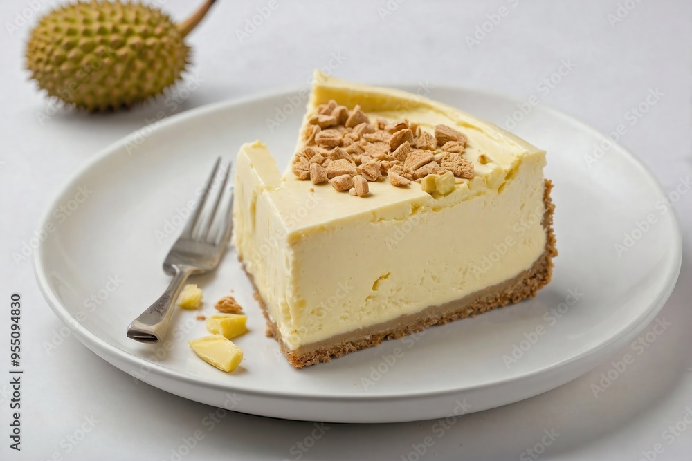 Durian Cheesecake: Overhead view of a slice of durian cheesecake on a plain white plate, with visible creamy layers and a graham cracker crust Durian Cheesecake: Overhead view of a slice of durian cheesecake on a plain white plate, with visible creamy layers and a graham cracker crust