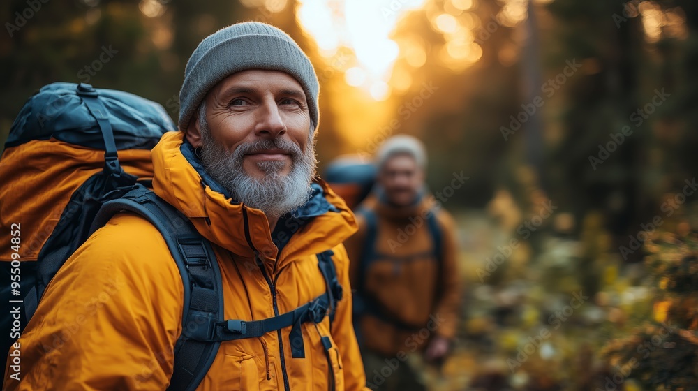 An elderly male traveler with a backpack explores the beauty of the forest An elderly male traveler with a backpack explores the beauty of the forest