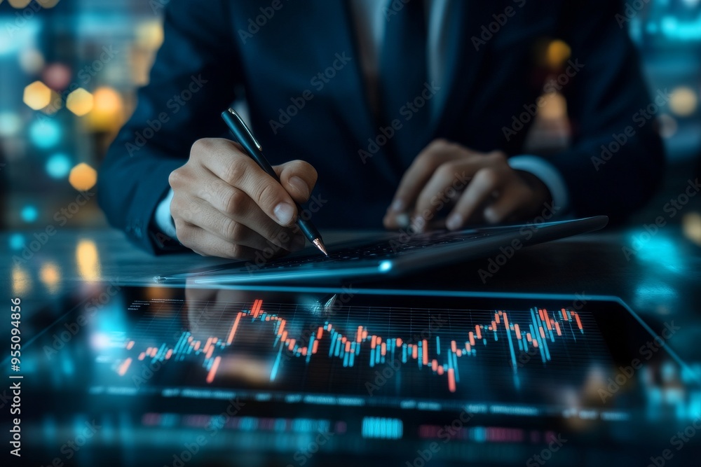 An analysis of global business plans and strategies, finance, and investment concept. A businessman works on a laptop computer with a financial graph showing growth. An analysis of global business plans and strategies, finance, and investment concept. A businessman works on a laptop computer with a financial graph showing growth.