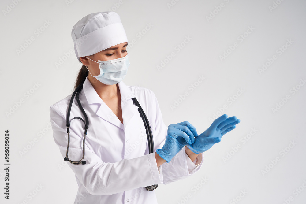 Young doctor putting on surgical gloves over white background Young doctor putting on surgical gloves over white background