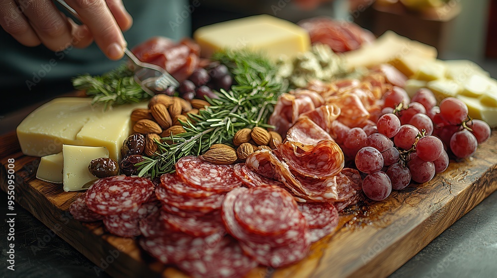 Art of Charcuterie: Stylish person creating a gourmet charcuterie board with cheeses, cured meats, fruits, and nuts on wooden platter. Art of Charcuterie: Stylish person creating a gourmet charcuterie board with cheeses, cured meats, fruits, and nuts on wooden platter.