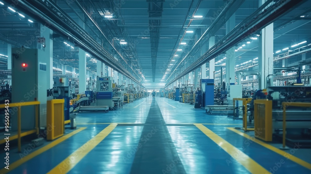 A vast, empty Chinese factory floor, with machinery and conveyor belts but no workers. A vast, empty Chinese factory floor, with machinery and conveyor belts but no workers.