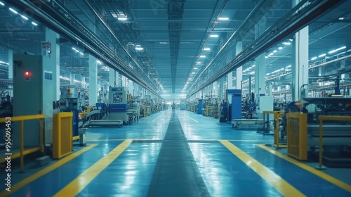 A vast  empty Chinese factory floor  with machinery and conveyor belts but no workers.