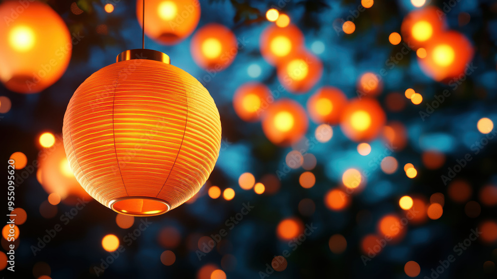 A lantern is hanging from a tree with many other lanterns in the background A lantern is hanging from a tree with many other lanterns in the background