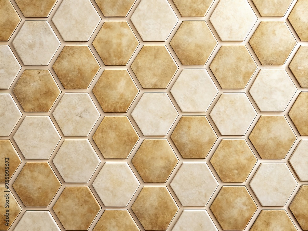 Geometric pattern of cream-colored hexagonal tiles with accent lines and subtle shadows, creating a visually appealing overhead view of a modern interior floor design. Geometric pattern of cream-colored hexagonal tiles with accent lines and subtle shadows, creating a visually appealing overhead view of a modern interior floor design.