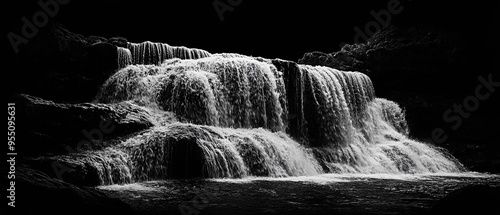 High-contrast black and white photo of cascading waterfalls on a stark black background emphasizing nature dynamic movement