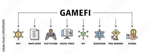 Gamefi banner web icon vector illustration concept with icon of defi, white paper, play to earn, digital token, nft, blockchain, pool rewards and staking icons symbol perfect background live stroke