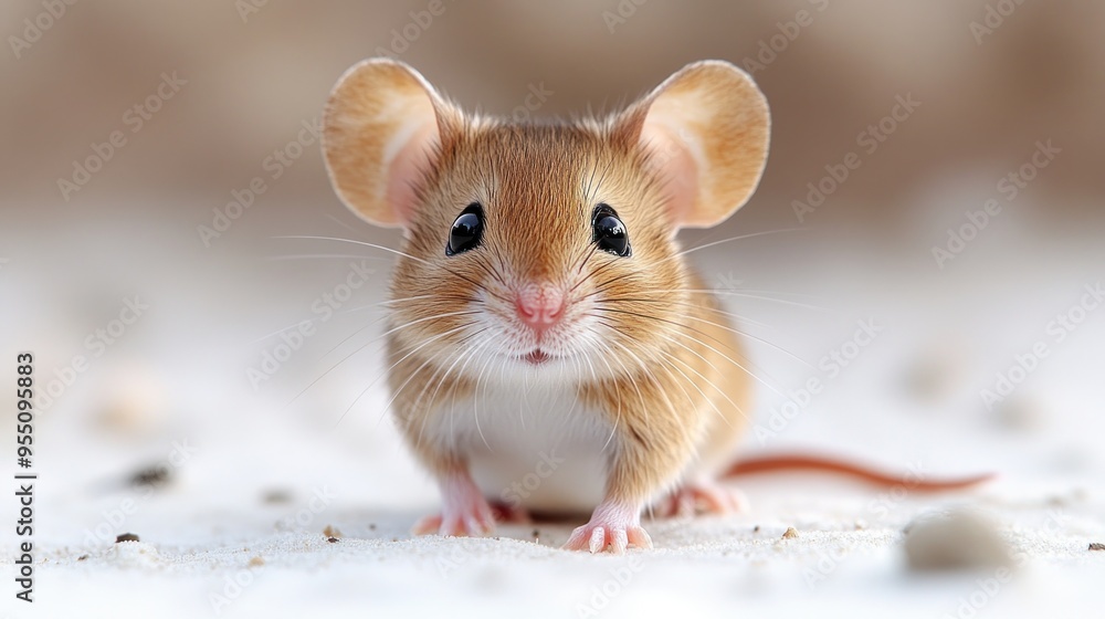 A small, inquisitive mouse stands on soft sand, taking in its environment A small, inquisitive mouse stands on soft sand, taking in its environment