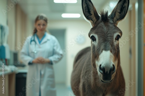 Donkey Patient at a Veterinary Clinic with a Doctor photo