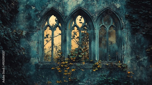 Abandoned church, broken windows with vines creeping inside, twilight setting, Watercolor style