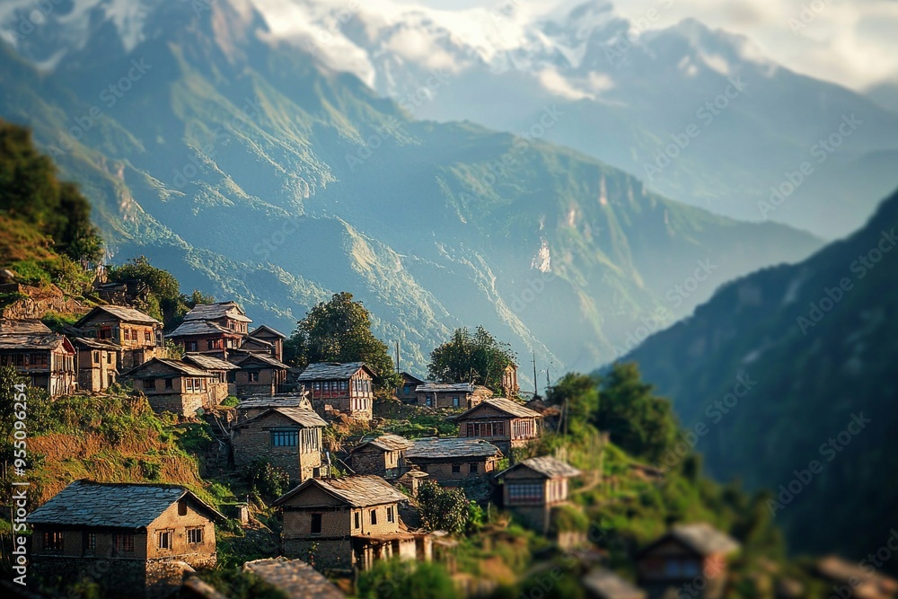 A tiny village nestled in a remote valley, surrounded by mountains A tiny village nestled in a remote valley, surrounded by mountains