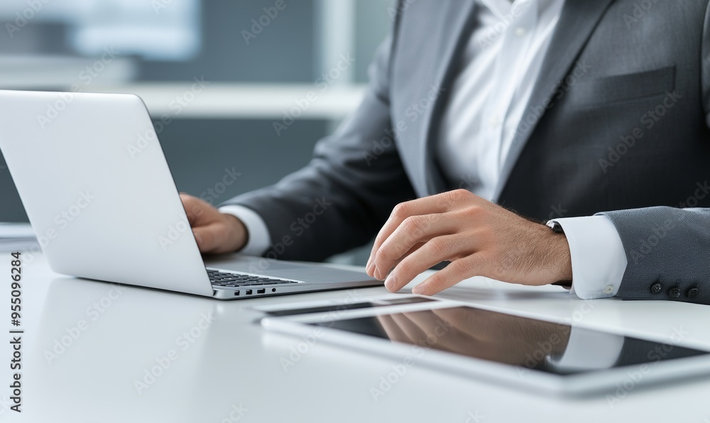 A businessman uses a digital tablet to work on his laptop computer at a white office table A businessman uses a digital tablet to work on his laptop computer at a white office table