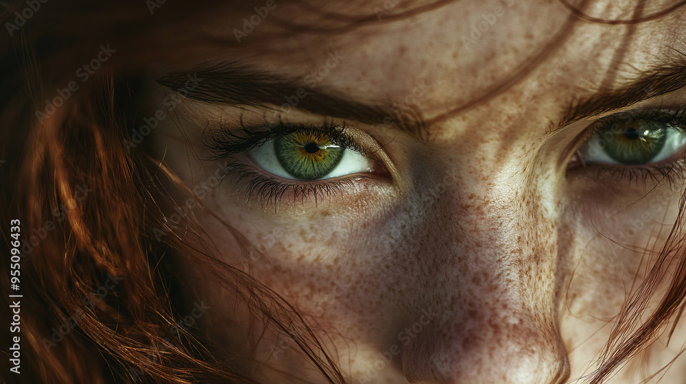 A close look at a bright eye reflecting light. Red strands of hair gently frame the face, creating an atmosphere of warmth and intimacy. A close look at a bright eye reflecting light. Red strands of hair gently frame the face, creating an atmosphere of warmth and intimacy.