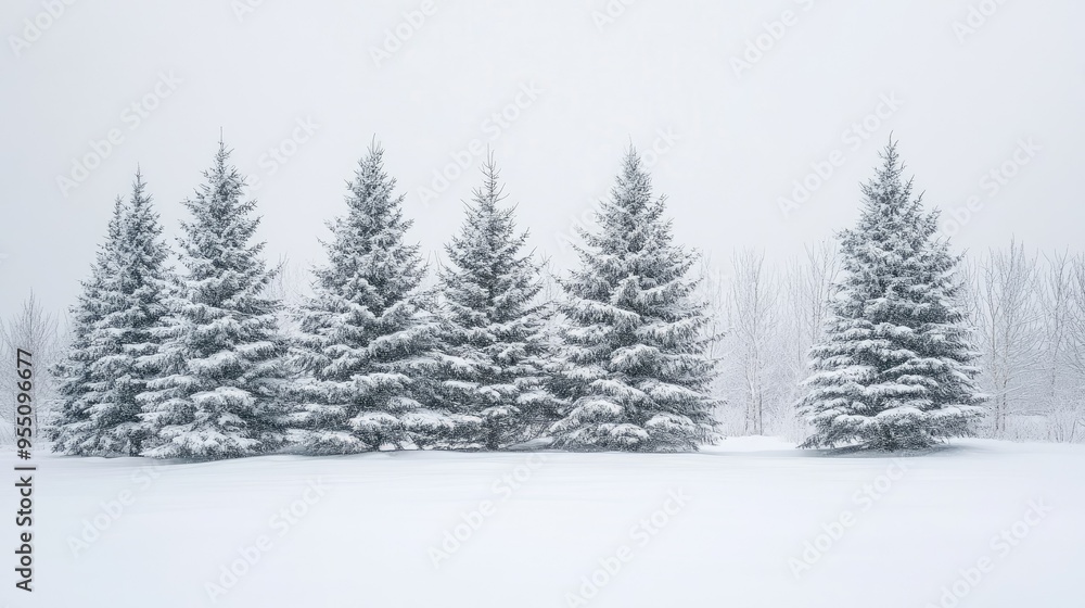 Snow-covered pine trees in a serene winter landscape with a clear, crisp sky Snow-covered pine trees in a serene winter landscape with a clear, crisp sky