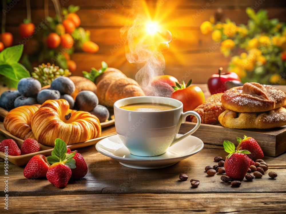 Golden morning sunlight illuminates a vibrant logo emblazoned on a steaming cup of coffee, surrounded by a delicious array of fresh breakfast pastries and fruit. Golden morning sunlight illuminates a vibrant logo emblazoned on a steaming cup of coffee, surrounded by a delicious array of fresh breakfast pastries and fruit.
